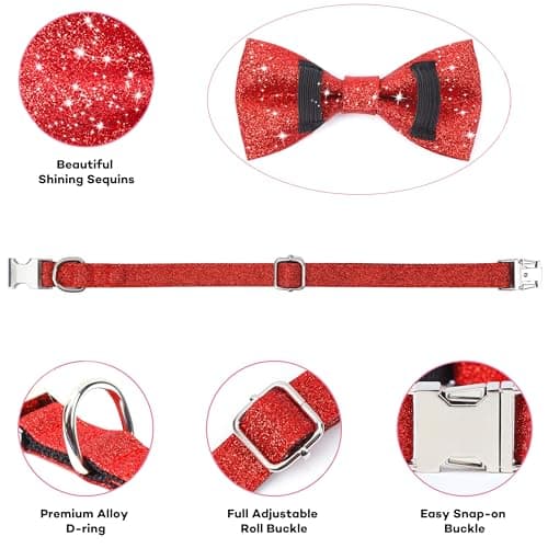 Jumpress Bling Bow Tie Dog Collar and Leash Set, Red Christmas Dog Collar with Bow and 5ft Leash for Medium Dogs, Cute Walking Boy and Girl Dogs Collar Set (Neck fit 13-19’’) - Thumbnail 3