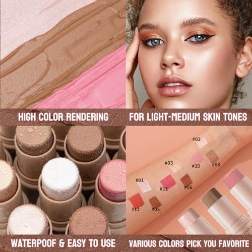 3Pcs Cream Contour Sticks Kit, Highlighter Stick Blush Stick Cream Contour Kit Makeup Set with Brush,Face Brightens & Shades Contour Stick Waterproof for Women - Thumbnail 5