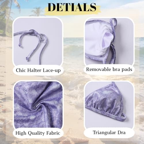Girls 3 Piece Swimsuit, Purple Tie Dye Glitter Halter Bikini Set with Mesh Short Sleeve Cover Up, Tween to Teen Girls High Waisted Swimwear for Beach Pool Vacation, 13-14Years Old(13-14Y) - Thumbnail 5