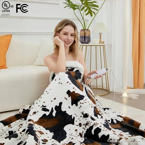 Heated Throw Blanket Cow Print Electric Blanket, Heating Blanket with 4 Heat Levels & 4-Hour Auto Shut-Off, Soft Flannel Sherpa Electric Throw, Machine Washable (White Cow Print, Throw) - Thumbnail 2