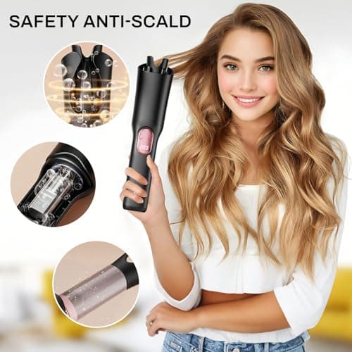 UOEPOWA Automatic Rotating Wireless Curling Iron, USB-C Rechargeable, Negative Ion Ceramic, Anti-Burn & Anti-Tangle, Ideal Choice for Women, Space-Saving Portable Design for Home & Travel(Black) - Thumbnail 4