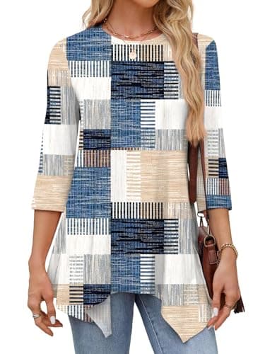 JUSTFASHIONNOW 3/4 Length Sleeve Tunic Tops for Women Loose Fit Dressy Casual Maternity Blouses Shirts with Asymmetrical Hem（patchwork Print，Large - Thumbnail 4
