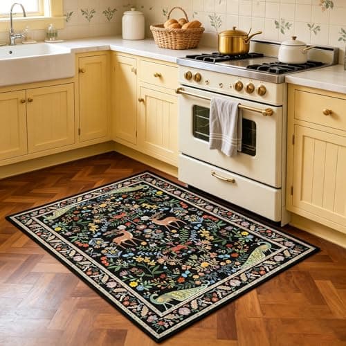Small Vibrant Black Entryway Rug 2x3 - Front Door Rug Indoor Entrance, Small Carpet for Kitchen Floor, Bathroom, Powder Room, Washable Low Pile Non Slip, Floral Print Home Décor - Thumbnail 5