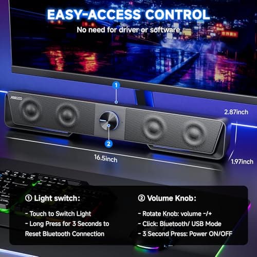 Jeecoo A40 Bluetooth Computer Speakers with Clear Sound, USB Plug & Play PC Speakers with LED Light, Computer Sound Bar with Switch Button for Desktop Laptop Monitor (USB-C Adapter Included) - Thumbnail 5