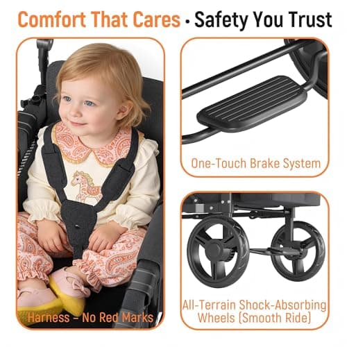 VELUVIA Wagon Stroller Outdoor for 2 Kids - Double Toddlers Stroller with Canopy & Removable Seat Pads, 2 Seater Push Pull Wagon One-Hand Fold, Shock-Absorbent Wheels & Safety Harness, Black - Thumbnail 4
