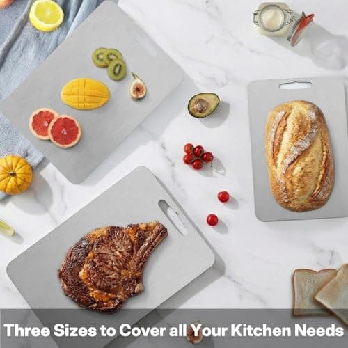 Coufonk Titanium Cutting Board Set of 3, Kitchen Chopping Boards Dishwasher Safe, Pure Ti Metal Material Cut Board Nonslip Double Sided for Houseware Outdoor Large+Medium+Small - Thumbnail 6
