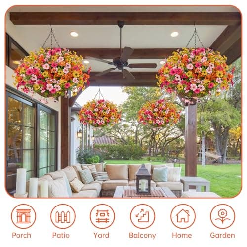 Artificial Flowers with Hanging Baskets Outdoors for Decoration Spring Summer Faux Daisy for outdoor planters Fake artificial hanging plants UV Resistant for Porch Home Patio Decor (Honey Gold) - Thumbnail 4