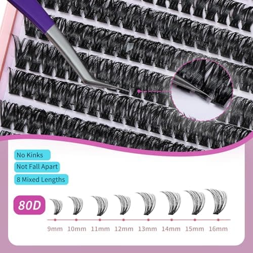 Lash Clusters Wispy 9-16mm 304pcs Volume Lash Extensions D Curvature Individual Lashes DIY Eyelash clusters Lashes fluffy false eyelashes(80D,0.07,9-16mm) - Thumbnail 2