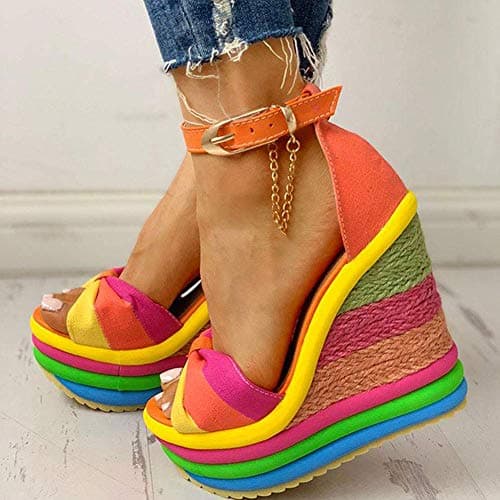 SaraIris Sandals for Women Gladiator Ankle Strap High Heel Platform Shoes Wedge Rainbow Sandals for Women Orange - Thumbnail 4