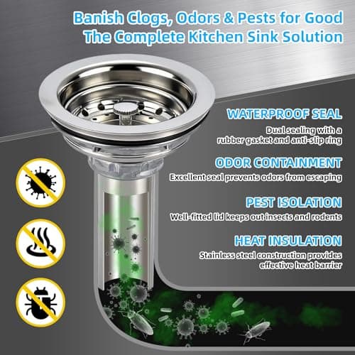 Kitchen Sink Drain Assembly, Stainless Steel Basket Strainer with Knob, 3-1/2 Inch Sink Drain Stopper Plug, Threaded Plastic Sink Strainer Tailpiece 1-1/2 in - Thumbnail 5