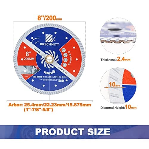 BRSCHNITT Diamond Blade for Concrete Masonry,8 Inch (200mm) with Arbor 1"-7/8"-5/8" Dry/Wet Continuous Rim Diamond Cutting Disc for Granite Marble Stone Hard Concrete Reinforced Concrete - Thumbnail 2