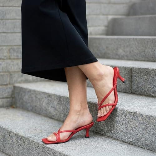 Athlefit Kitten Heels for Women Square Open Toe Strappy Flip Flop Heels Sexy Party Dress Shoes Thong Heeled Sandals Red Size 8 - Thumbnail 6