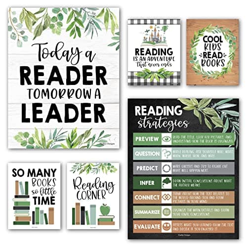Hadley Designs Reading Posters for Classroom Elementary and Library Decor - 6 Reading Corner Decor for Classroom Decorations, Reading Strategies Library Posters, Farmhouse Bulletin Board Decorations