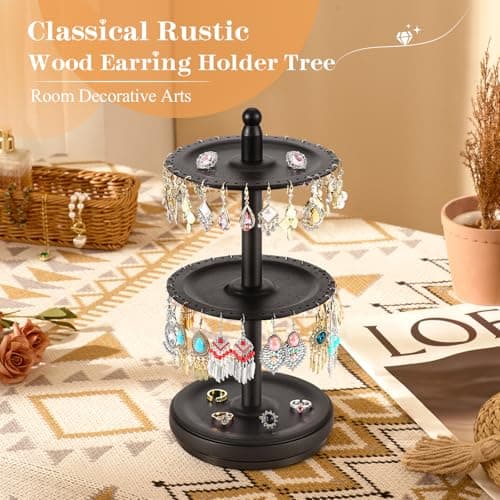 BNING Earring Holder Organizer, Rotating Solid Wood Earring Organizer Stand for Women Girls, 3-Tier Jewelry Holder Tree With 102 Holes for Display, Gifts for Her (Black) - Thumbnail 2