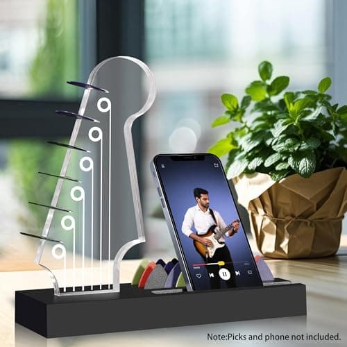 Light Up Guitar Pick Holder—Electric Guitar Headstock Design with 7-Color Changing Lights,Gifts for Music Lovers,Guitar Pick Display and Storage With Wooden Base&Phone Stand,Guitar Accessories. - Thumbnail 3