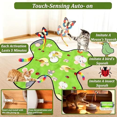 VEHICAR Interactive Cat Toys for Indoor Cats, 3-in-1 Interactive with Fluttering Butterfly Moving Concealed Feathers 3 Prey Sounds, Rechargeable Touch Activated for Bored Indoor Adult Cats Kittens - Thumbnail 3