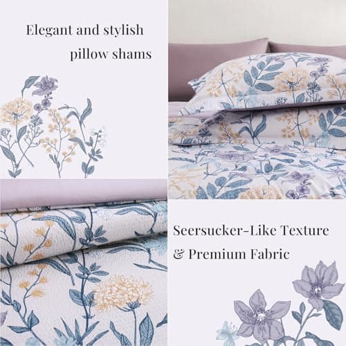 CASAAGUSTO Queen Comforter Set, 7 Pieces Bed in a Bag Queen Purple Iris Floral Comforter Set with Flowers Leaves Pattern, Soft Seersucker Design All Season Queen Size Bedding Set - Thumbnail 6
