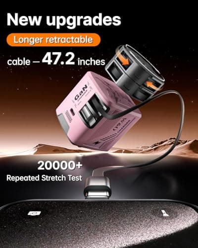 W & O Fast Charger for iPhone17/16/15,60W gan Charger,Retractable Phone Charger Wall Plug with Lightening and Type-C Cables for iPhone, Galaxy S25/24,Android and More (Pink) - Thumbnail 3