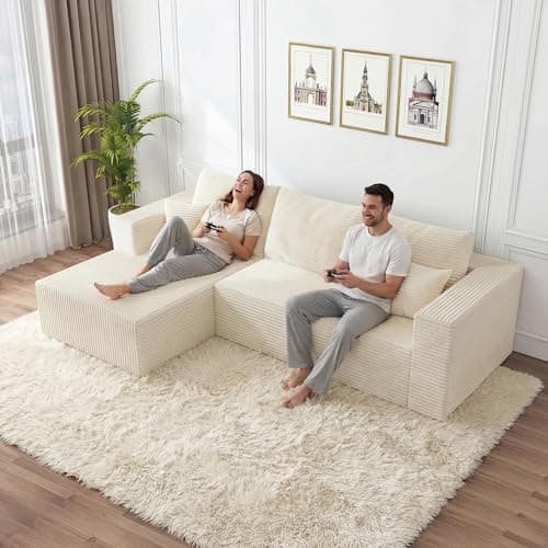 108" Cloud Couch Sectional, L-Shaped Boneless Couches for Living Room, Corduroy Modular Sectional Sofa with Deep Seats & Chaise, No-Assembly - Beige - Thumbnail 3