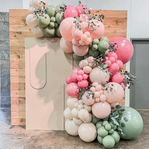 Pink and Green Balloons, 60Pcs 12 Inch Sage Green Pink Sand White Gold Confetti Balloons for Boho Baby Shower Jungle Woodland Floral Fairy Birthday Party Decorations - Thumbnail 4