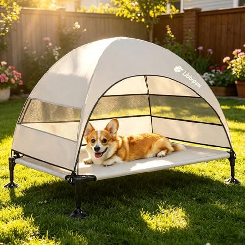 Libbipaw Windproof Elevated Dog Bed with Canopy & Stakes, 3-Sided 90% UV Block, Chew-Proof Teslin Mesh Mat for Large Dogs up to 150lbs(Grey Large) - Image 1
