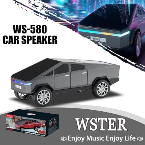 WS-580 Cybertruck Portable Bluetooth Speaker, Replica Car with Display Screen, HD Sound, TWS Pairing, FM Radio, Built-in Mic, Remote Selfie Control, LED Party Light, Gift for Car Lovers (Gray) - Thumbnail 3
