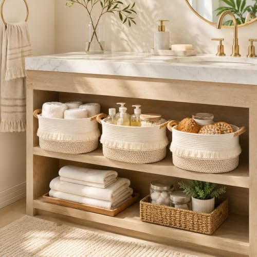 BUBUSUN Woven Baskets, 3-Pack Storage Basket for Living Room, Bedroom, Nursery, Stylish Gift Basket with Handles, Cotton Rope Basket for Toys and Shelves, Multi-Purpose Organizer (White/Brown) - Thumbnail 3