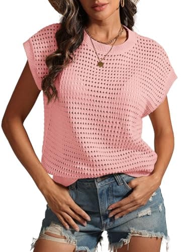 ATHMILE Womens Spring Tops Summer Shirts Beach Vacation Crochet Cap Sleeve Knit Sweater Pullover Cute Fashion Clothes Pink - Image 1