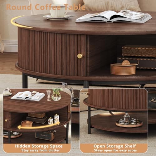HUAHUU 31.5" Round Coffee Table with Storage, Mid Century Modern Coffee Table with Sliding Cabinet Door, Round Metal Legs, 3-Tier Small Round Coffee Tables for Living Room, Walnut - Thumbnail 5