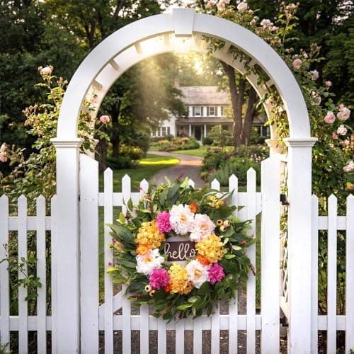 AMORISE 24" Wreaths for Front Door with Hydrangea Dahlia Phalaenopsis Spring&Summer Artificial Flowers for Outdoor Wedding Party Front Door Porch Yard Patio Window Box Home Decor - Thumbnail 4