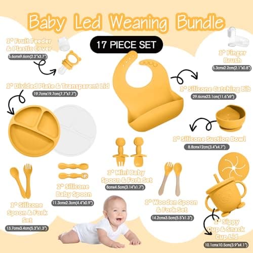 Baby Led Weaning Supplies, 17 Piece BPA-Free Silicone Feeding Set, Eating Essentials Baby Utensils with Suction Plate and Bowl, Pocket Bib, Sippy Cup with Lid, for 6+ Months, Yellow - Thumbnail 2
