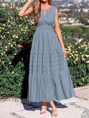 BTFBM Summer Dresses for Women 2026 Sleeveless Boho V Neck A Line Flowy Spring Casual Maxi Dress Beach Vacation Pockets(Blue Grey, XX-Large) - Thumbnail 5
