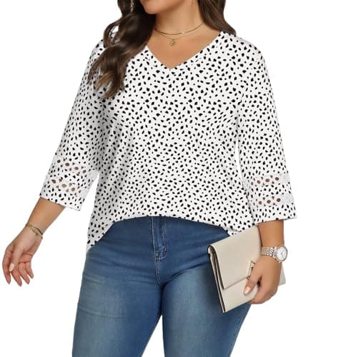 Lastshe Plus Size Women Casual Blouses 3/4 Lace Sleeve V Neck Tops Work Outfits Summer Clothing for 2026 Lightweight,White Leopard Print,2X - Image 1