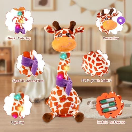 LUKETURE Musical Dancing Talking Giraffe Plush Toy, Yellow and White Spotted, Talking Baby Toy with Lights, 10 Songs and Voice Repeat, Soft Sensory Gift - Thumbnail 4