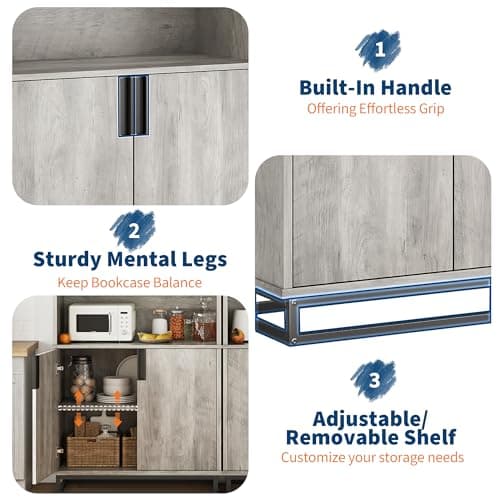 SLEKVERSA 70.6" Tall Bookshelf w/Doors & Metal Base, 5-Tier Bookcase with Cabinet and Adjustable Shelf, Wooden Book Shelf Farmhouse Bookcase for Living Room Office Library - Thumbnail 3