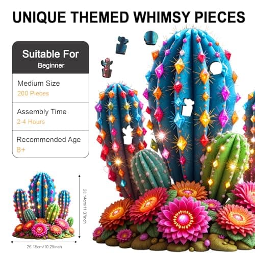 Wooden Puzzles for Adults, Glowing Cactus Flower Wooden Jigsaw Puzzle 200 Pieces, Unique Shaped Wooden Puzzle, Creative Gift for Mom Friends Kids Family Game Night Home Decor 10.3 * 11in - Thumbnail 2