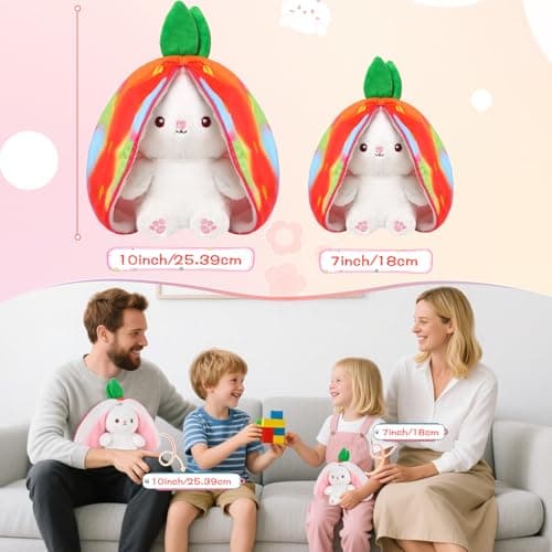MIAODAM Rainbow Strawberry Bunny Stuffed Animal, Rainbow and Strawberry Bunny Plush Turn Into Rabbit Fruit Doll, Plushie Funny Bunny Toy for Baby (10 inch) - Thumbnail 3
