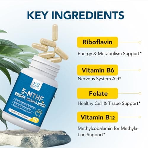 5-MTHF Folate Supplement Activated L-Methylfolate, Plus Methyl B12 Cofactor & B6 Methylated B2 Complex for Adults Supports Energy, Mood, Focus, Methylation, Cognition Non-GMO, Gluten-Free, 90 Capsules - Thumbnail 4