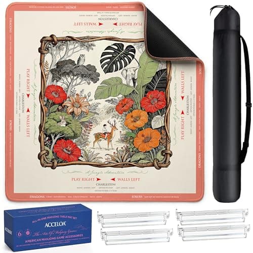 American Mahjong Mat and Racks Set with Rules – 31.5" x 31.5" Waterproof Neoprene Mahjong Mat, 4 Clear Acrylic Racks with Carrying Bag, Premium Gift Box (Jungle Color)