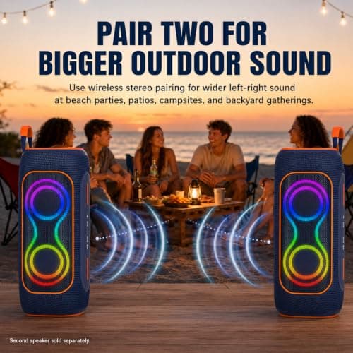 Musibaby 80W Bluetooth Speaker, Loud Portable Wireless Speaker with Deep Bass, Waterproof Outdoor Speaker with RGB Lights for Camping, Beach & Party, 24H Playtime, BT5.3, Dual Pairing - Thumbnail 6