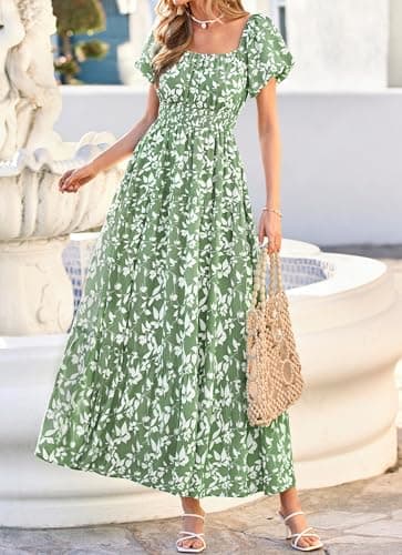 BTFBM Summer Dress for Women 2026 Spring Floral Short Sleeve Casual Flowy A-Line Smocked Tiered Maxi Dresses Pockets(Floral Green White, XX-Large) - Thumbnail 2