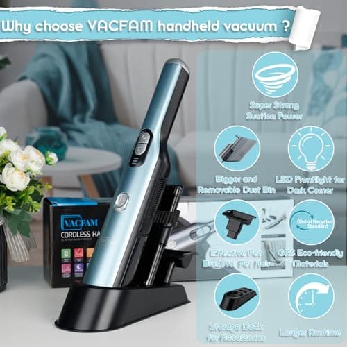 VACFAM Handheld Cordless Vacuum Cleaner, Portable Car Vacuum with 18KPa Suction Power, Quick-Charge Hand Vac with LED Headlight & Storage Dock for Home Office Desk Keyboards Pet Hair, Blue - Thumbnail 2