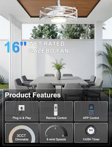 Phylluz Outdoor Ceiling Fan with Lights - 16'' Antique White Distressed Wet Rated Gazebo Fan Remote/APP Control, Caged Hanging Fan Plug and Play for Covered Patio Porch - Thumbnail 2