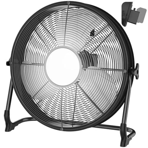 16" Battery Operated Floor Fan with Light Compatible with Milwaukee M18 18V Battery, Portable Fan with AC Adapter and USB Output, Metal High Velocity, Stepless Speed Cordless Fan for Jobsite Camping