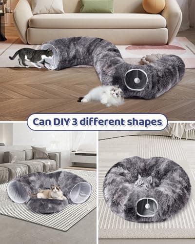 Cat Tunnel Bed with 20 Pcs Interactive Toys, 3-in-1 DIY Collapsible Plush Cat Tube with Washable Mat, Large Indoor Play Tunnel Cave for Kittens and Small Animals - Thumbnail 3