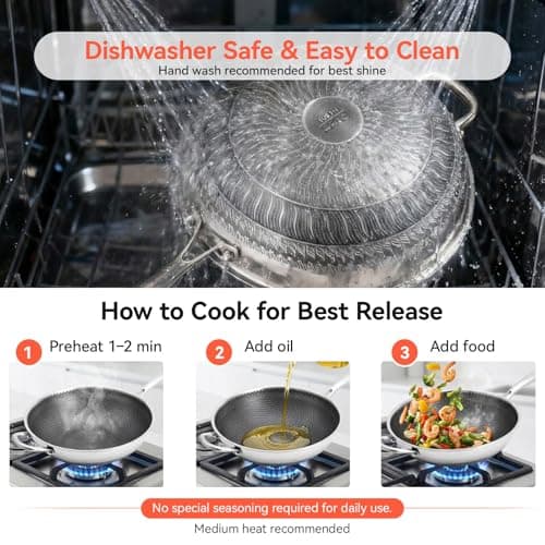 WANGYUANJI Stainless Steel Wok Pan with Lid, 12.6 Inch Honeycomb Hybrid Nonstick Stir Fry Pan, Tri-Ply Clad Skillet for Induction Electric Gas Stove, Dishwasher Safe, No Seasoning Needed (Serves 3-4) - Thumbnail 4