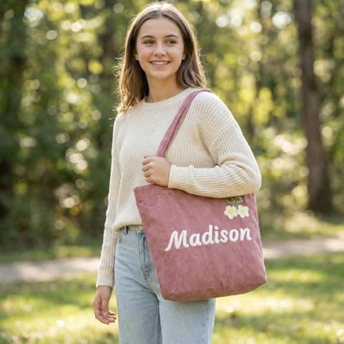 Personalized corduroy handbag, casual shoulder bag with custom name/letter patterns. Durable cotton travel bag, ideal gift for bridesmaids, teachers, and for Christmas, birthdays or honeymoons. - Thumbnail 2