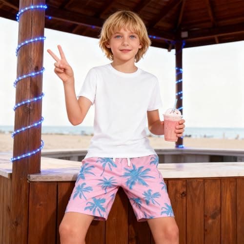 Cozople Swim Trunk for Boys Pink Blue Palm Tree Printed Swim Short Commpression Anti Chafe Swimsuit UPF Bathing Suit Boxer Brief Swimwear for Outdoor Size 8 - Thumbnail 4