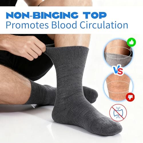 Forcool 3 Pairs Merino Wool Diabetic Crew Socks Men Women Non Binding Wide Loose Top Cushioned Sole Diabetic Dress Socks, Large Dark Gray - Thumbnail 3
