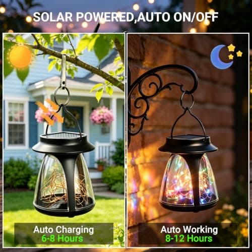 Solar Lantern Outdoor Waterproof Hanging Lights with Clip, Flickering Colorful Garden Decor, Gifts for Women Mom Solar Lights Outside, Solar Powered Lantern for Patio Yard Porch Pathway Lawn - Thumbnail 3